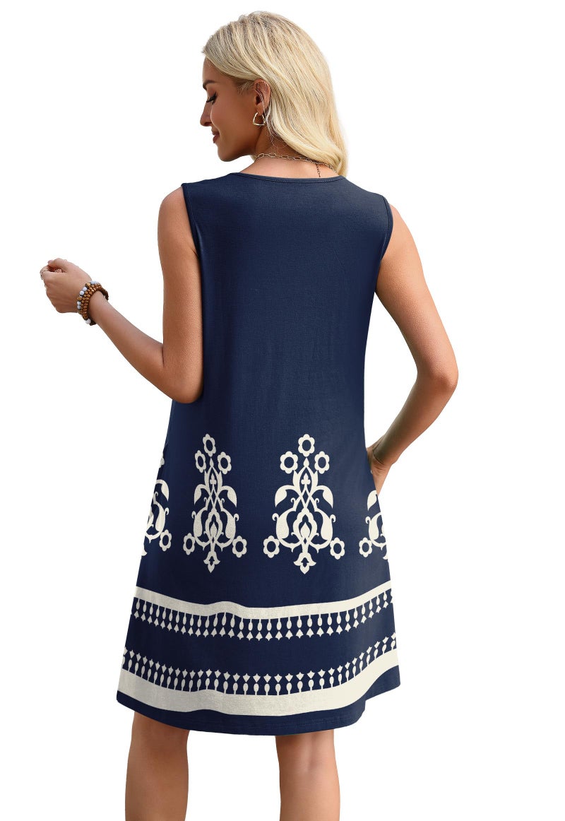 Sipaya Boho Dresses for Women Casual Tshirts Dresses Cute Summer Sundress Spring Fashion Beach Vacation Clothes Cruise Outfits 2026 Resort Wear Dark Blue Floral L - Image 5