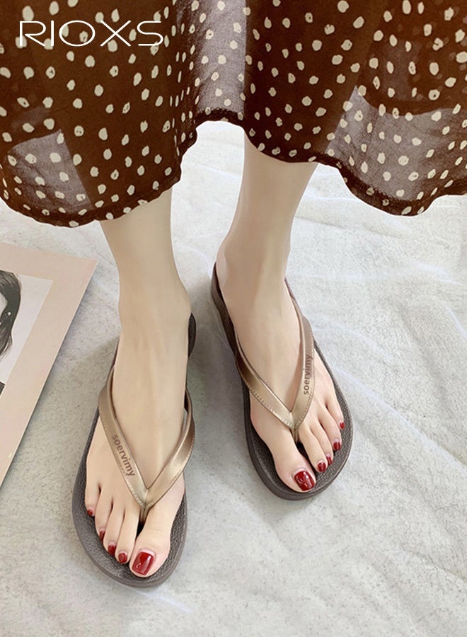 ريوكس النعال النسائية المقلبة المقلبة، النعال ذات الكعب المكتنز للنساء، النعال غير المنزلقة السميكة المنصات المنفردة، النعال ذات الثياب الخفيفة غير العادية، النعال ذات الاستحمام الدافئ، النعال ذات الصندل، النعال ذات الحذاء المرحة، النعال ذات الحذاء المرحة للنساء، النعال في الهواء الطلق للحمام على سطح حوض الرمل، النعال ذات الحذاء البني - Image 2