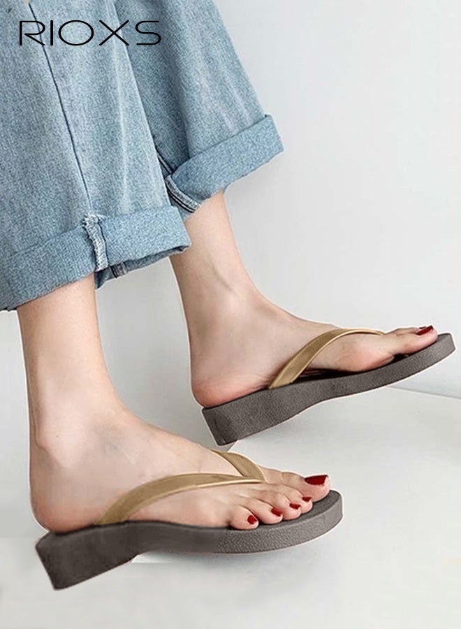 RIOXS Women's Flip Flop Slippers, Chunky Heel Slippers for Women, Non-Slip Thick Sole Platform Slippers, Ladies Casual Thong Sandals, Cozy Shower Slippers, Slides Sandal Slippers, Leisure Flip Flop for Women, Indoor Outdoor Slippers for Bathroom Beach Sand Pool Deck, Brown Flip-Flops - Image 1