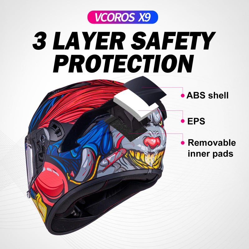 VCOROS VCOROS Full Face Motorcycle Helmet X9 with Inner Sun Visor and Bluetooth Ready Speaker Pockets DOT Approved Motorbike Moto Street Bike Racing Helmet(Monster Clown, L) - Image 2