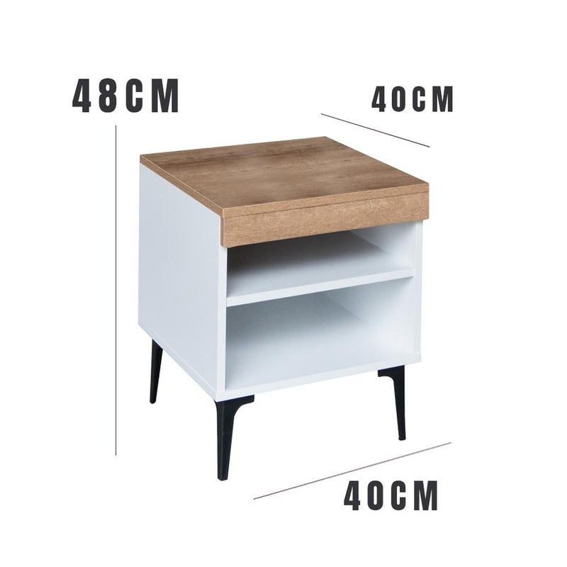 بيتي طاولة سرير جانبية أنيقة برفين خشب ماليزي - ابيض وخشبي مقاس ( 48*40*40 ) سم - Image 4