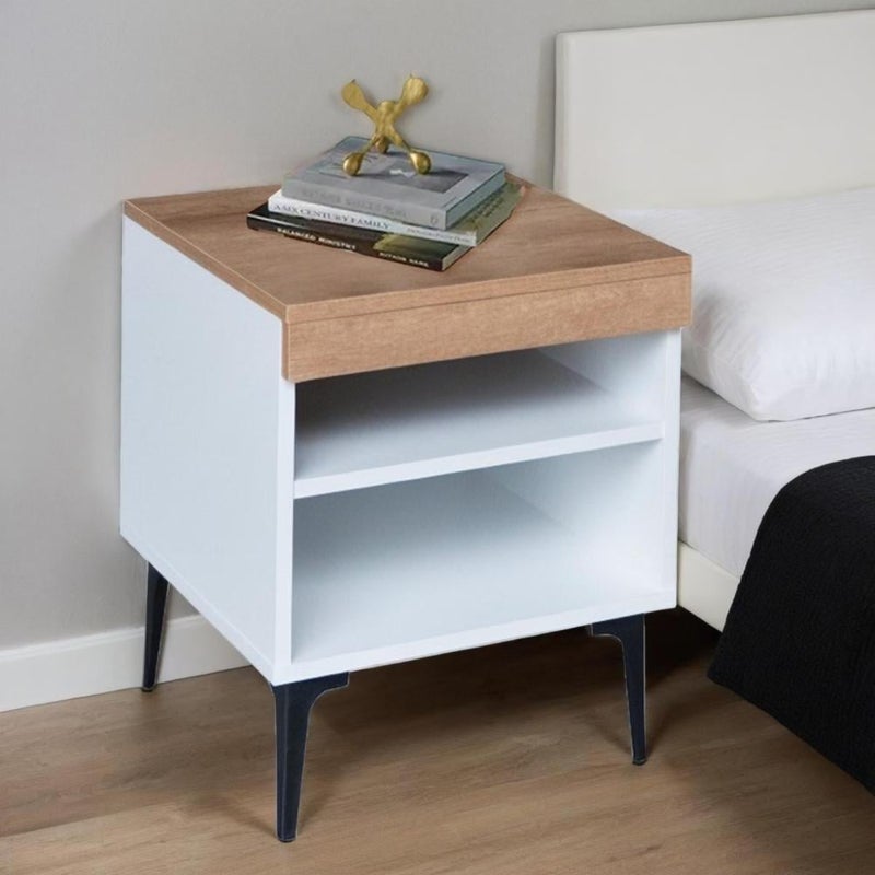 بيتي طاولة سرير جانبية أنيقة برفين خشب ماليزي - ابيض وخشبي مقاس ( 48*40*40 ) سم - Image 1