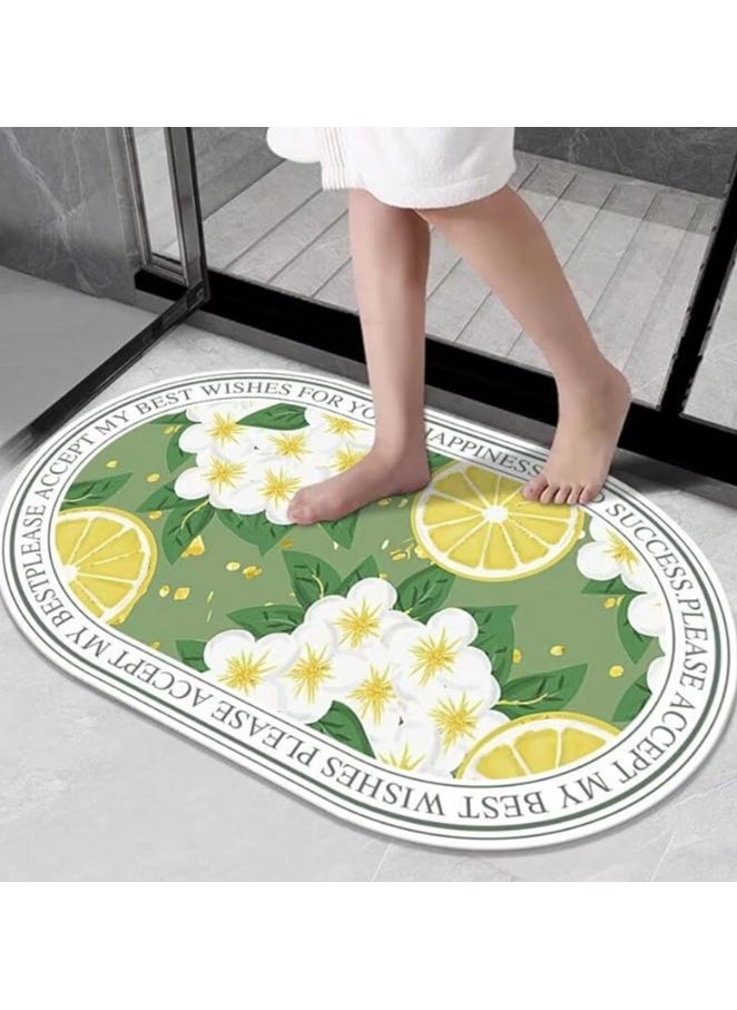 LESTER LESTER Bathroom Mat, Quick Drying Bathroom Carpet, Non-Slip Entrance Doormat Diatom Leather Skin Floor Mats Home Decor Set Mat Oval Shape Lemon Design Yellow and Green Color 50x80cm  - Image 1