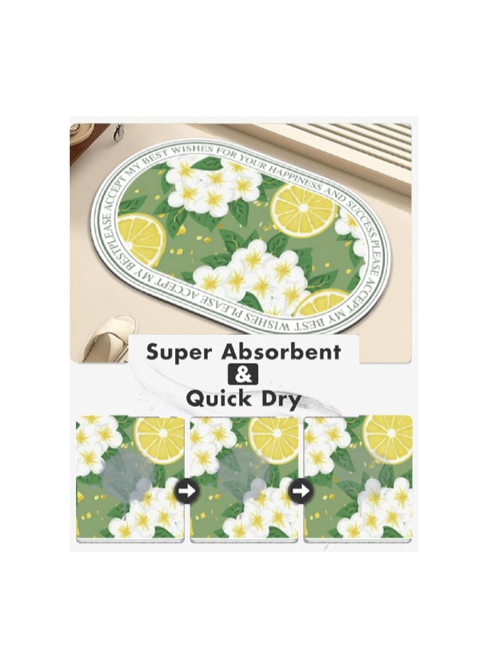 LESTER LESTER Bathroom Mat, Quick Drying Bathroom Carpet, Non-Slip Entrance Doormat Diatom Leather Skin Floor Mats Home Decor Set Mat Oval Shape Lemon Design Yellow and Green Color 50x80cm  - Image 3