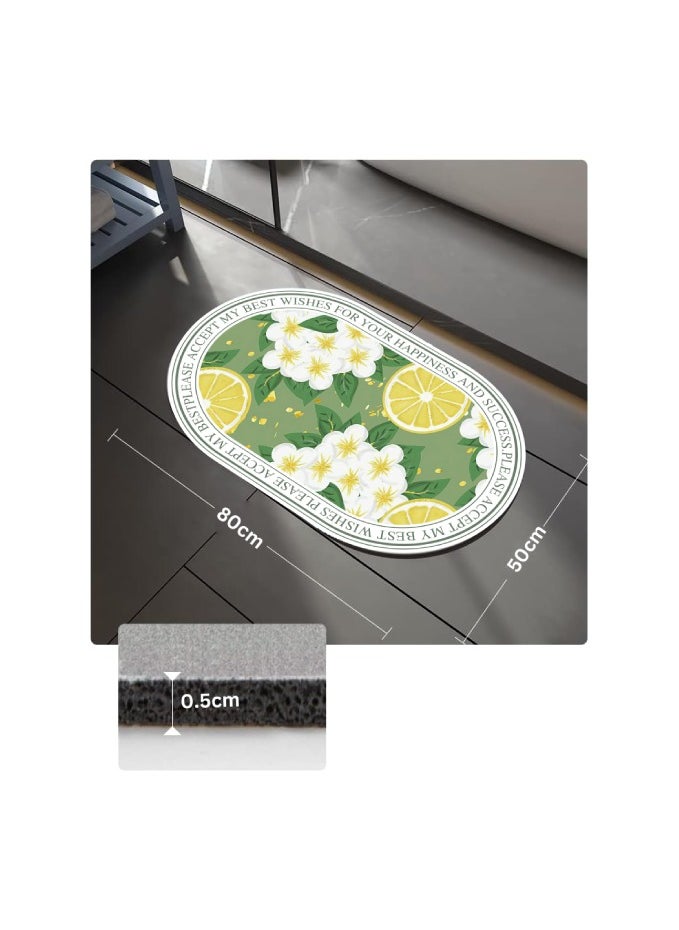 LESTER LESTER Bathroom Mat, Quick Drying Bathroom Carpet, Non-Slip Entrance Doormat Diatom Leather Skin Floor Mats Home Decor Set Mat Oval Shape Lemon Design Yellow and Green Color 50x80cm  - Image 2