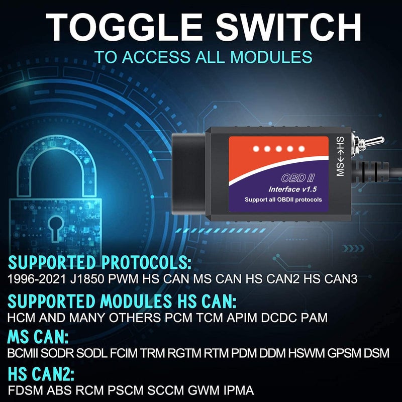 OBDResource محول ELM327 USB ماسح OBD2 لنظام ويندوز، أداة تشخيص ELMconfig FoCCCus مع مفتاح MS-Can/HS-Can لمركبات فورد ولينكولن ومازدا وميركوري - Image 5