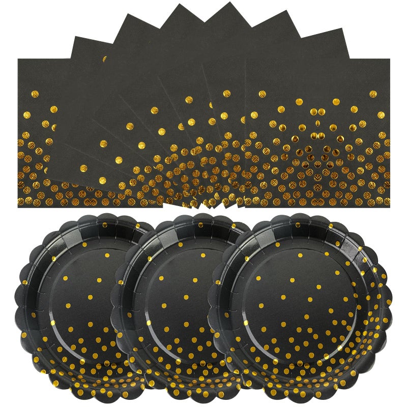HFBOBP 50PCS Black and Gold Paper Plates and Napkins  7Inch Black and Gold Dot Party Supplies Disposable Party Plates Tableware Dinnerware Set for Birthdays  Graduations  Retirement and Weddings Decorations - Image 1