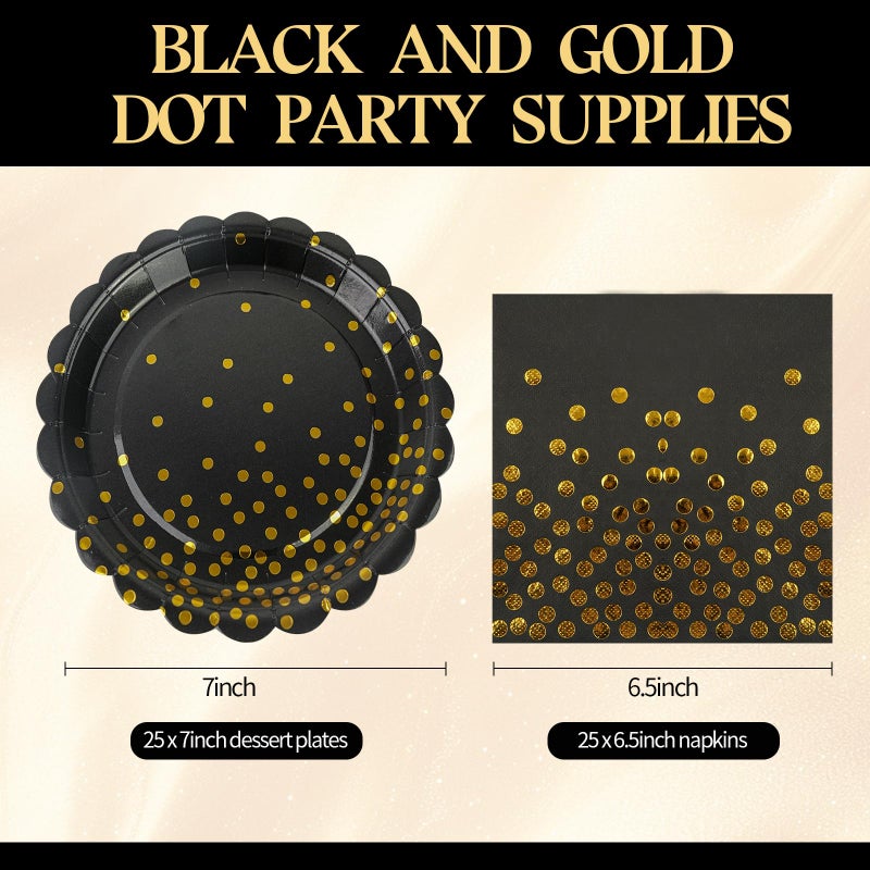 HFBOBP 50PCS Black and Gold Paper Plates and Napkins  7Inch Black and Gold Dot Party Supplies Disposable Party Plates Tableware Dinnerware Set for Birthdays  Graduations  Retirement and Weddings Decorations - Image 2