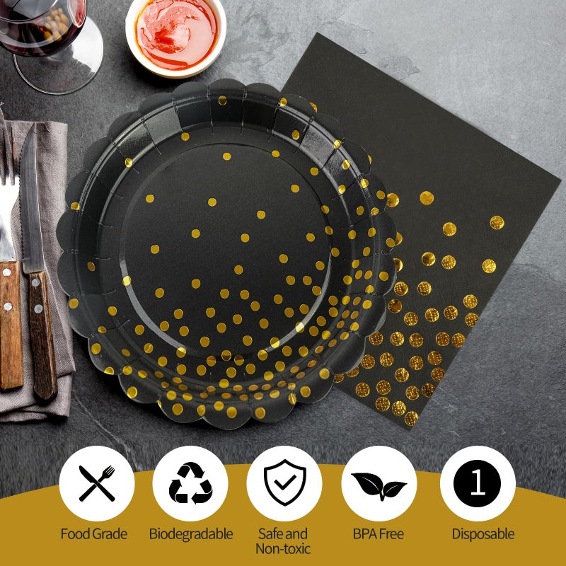 HFBOBP 50PCS Black and Gold Paper Plates and Napkins  7Inch Black and Gold Dot Party Supplies Disposable Party Plates Tableware Dinnerware Set for Birthdays  Graduations  Retirement and Weddings Decorations - Image 3