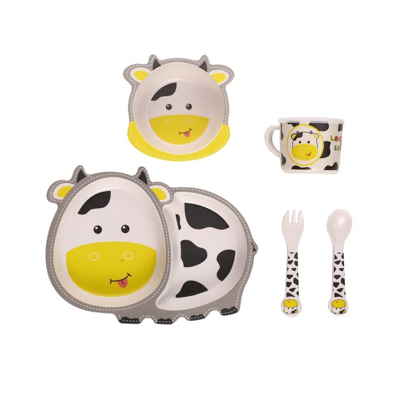 Fekdod Fekdod Kids Dinnerware Set Bamboo 5 Pcs with Plate Bowl Cup Fork Spoon Cow 