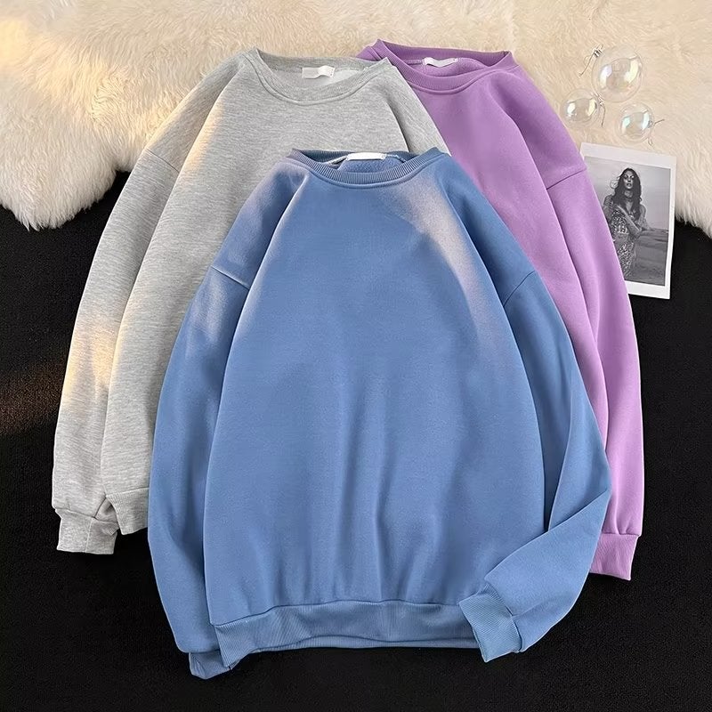 Spring Solid Color Sweatshirt Men'S Long Sleeve Round Neck Pullover Hong Kong Style Loose Fleece-Lined T-Shirt Korean Fashionable Couple Top - Image 3