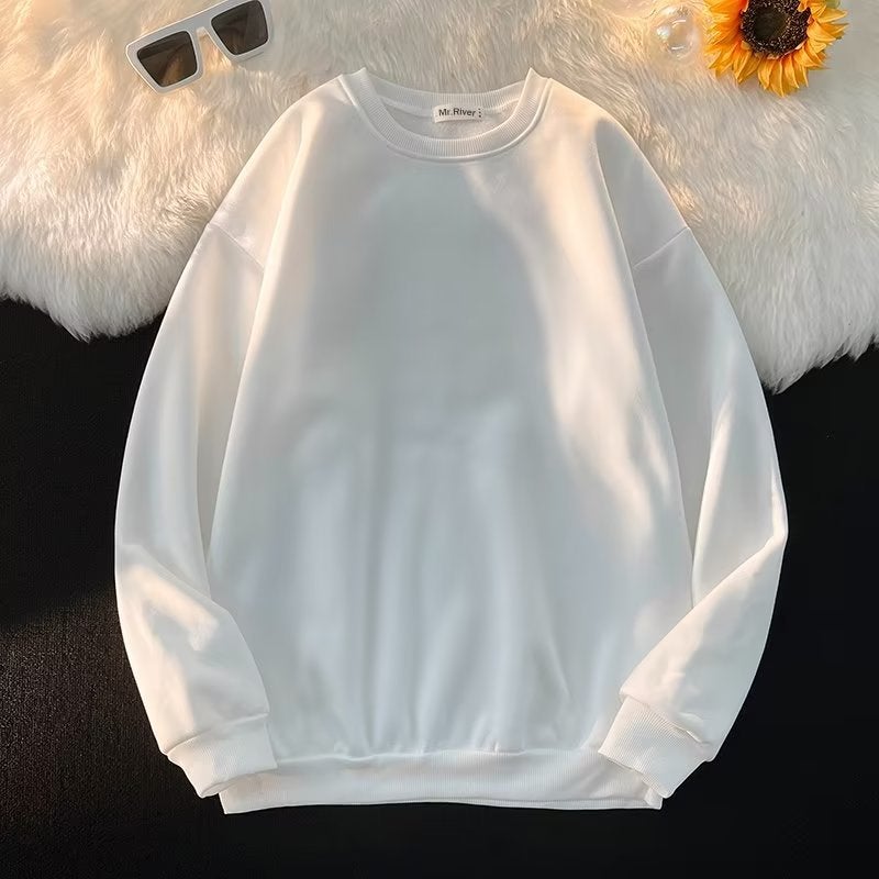 Spring Solid Color Sweatshirt Men'S Long Sleeve Round Neck Pullover Hong Kong Style Loose Fleece-Lined T-Shirt Korean Fashionable Couple Top - Image 1