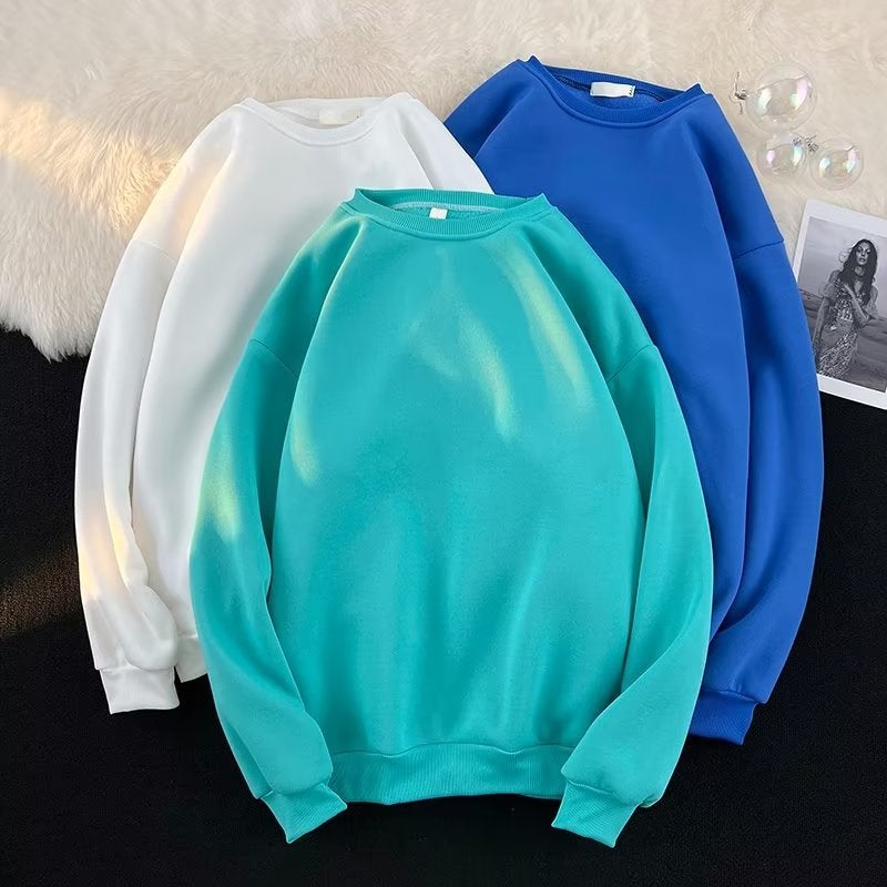 Spring Solid Color Sweatshirt Men'S Long Sleeve Round Neck Pullover Hong Kong Style Loose Fleece-Lined T-Shirt Korean Fashionable Couple Top - Image 5