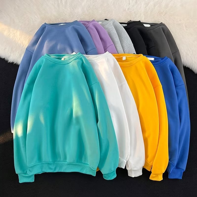 Spring Solid Color Sweatshirt Men'S Long Sleeve Round Neck Pullover Hong Kong Style Loose Fleece-Lined T-Shirt Korean Fashionable Couple Top - Image 2