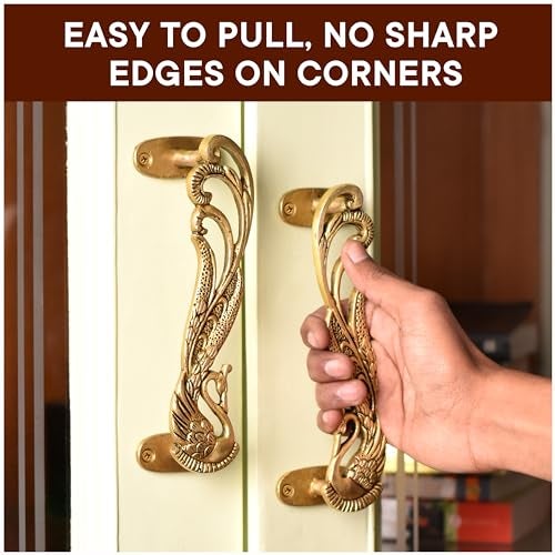 Indian-Shelf Indian Shelf 1 Pair Peacock Decorative Door Handles Interior Vintage Door Pulls Antique Brass Cabinet Pulls Unique Gold Cabinet Handles- 7.4" - Image 2