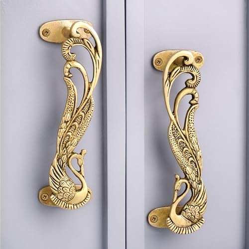 Indian-Shelf Indian Shelf 1 Pair Peacock Decorative Door Handles Interior Vintage Door Pulls Antique Brass Cabinet Pulls Unique Gold Cabinet Handles- 7.4" - Image 1