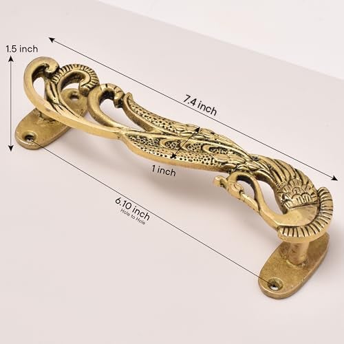 Indian-Shelf Indian Shelf 1 Pair Peacock Decorative Door Handles Interior Vintage Door Pulls Antique Brass Cabinet Pulls Unique Gold Cabinet Handles- 7.4" - Image 5
