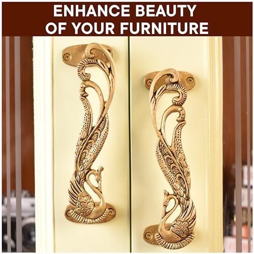 Indian-Shelf Indian Shelf 1 Pair Peacock Decorative Door Handles Interior Vintage Door Pulls Antique Brass Cabinet Pulls Unique Gold Cabinet Handles- 7.4" - Image 3