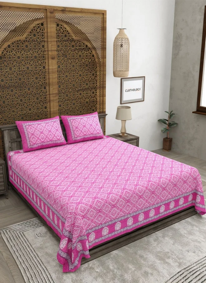 CLOTHOLOGY CLOTHOLOGY Pink & White Printed Pure Cotton 180 TC King Bedsheet Set