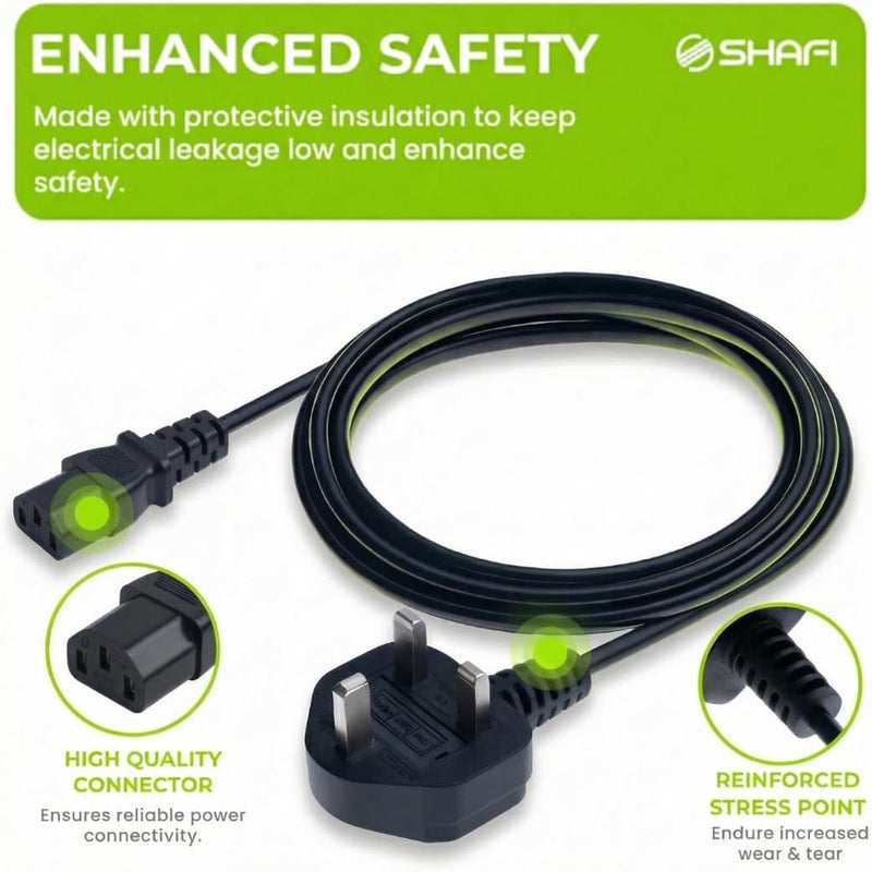 سلك مقبس إبريق SHAFI® 3M - 3 أطراف، سماكة 0.75 مم²، نواة نحاس عالية الجودة، قاطع كهربائي سعة 13 أمبير، كابل كهربائي وفق معيار IEC-C13، مقبس بريطاني - سلك بديل للطاقة، مناسب لأجهزة الكمبيوتر، العرضات، المواقد، طابعات HP، أجهزة PlayStation Pro، PS4، أجهزة Xbox، شاشات المراقبة - طول السلك 3 أمتار. - Image 5