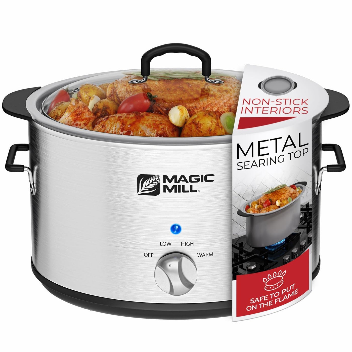 Magic Mill Slow Cooker 10 Quart Extra Large NonStick Metal Searing Pot Transparent Tempered Glass Lid Multipurpose Lightweight Slow Cookers Pot is Safe to Put the On the Flame Dishwasher Safe