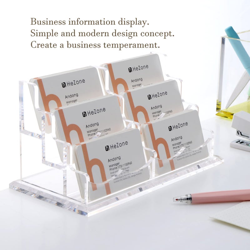 HeZone Business Cards Holder Display for Desk, Clear Acrylic Multiple 3 Tier 6 Slot Business Card Stand, Holds 300 Cards-1 Pack (6 Slots-H) - Image 2