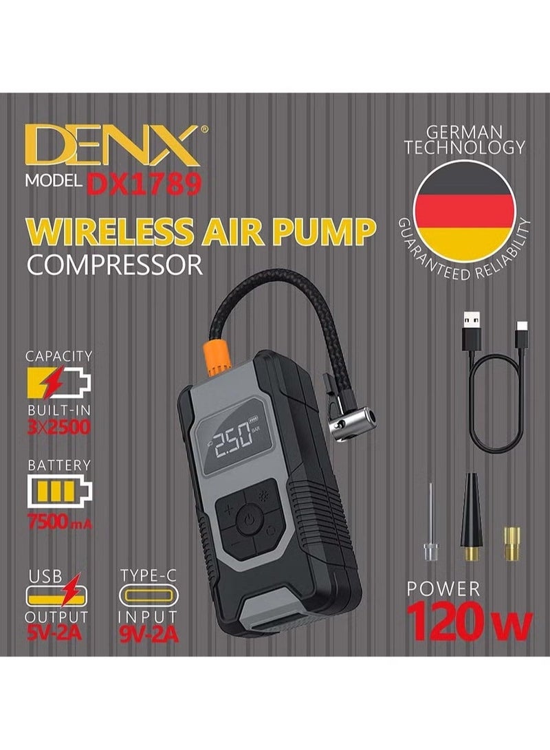 Denx Cordless Car Tire Inflator | 120W with 7500mAh Portable Charger, High Brightness LED Light and Powerful Rechargeable Lithium Battery - Image 1