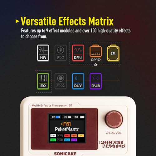 SONICAKE Pocket Master-بيدال متعدد التأثيرات المحمول، 100+ تأثيرات مدمجة للجيتار/الباس/الأكوستيك، نمذجة مضخم الصوت، محاكاة خزائن IR، واجهة صوت USB ستيريو OTG، قابلة لإعادة الشحن (أبيض) - Image 5