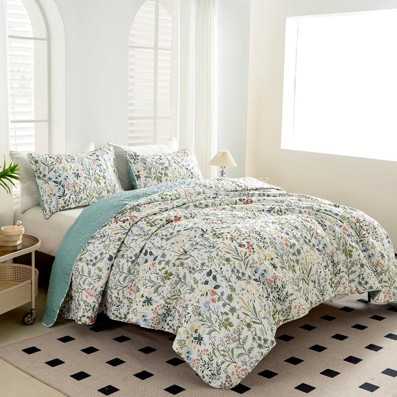 BUPIRD Floral Quilt Set Queen 3 Pieces Soft Lightweight Microfiber Bedspread Coverlet Queen Quilt Bedding Set Garden Botanical Floral Printed Quilt Set 1 Quilt and 2 Pillow Shams for All Season - Image 4
