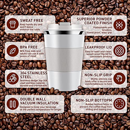 Wosta Travel Mug, Insulated Coffee Cup with Leakproof Lid,Vacuum Insulation Stainless Steel Reusable for Hot Cold Coffee, Non-Slip Protective Cover, (White, 380 Ml) - Image 3