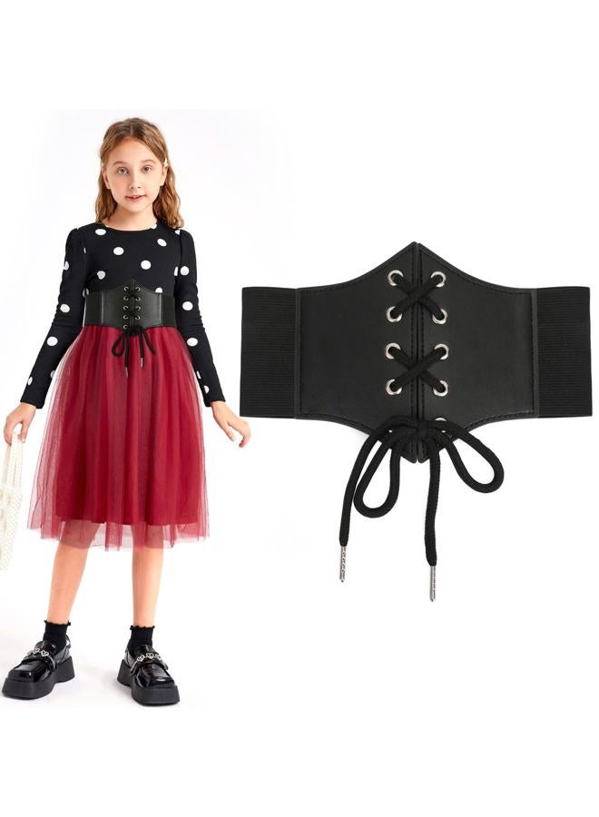 LEACOOLKEY Kids Waist Belt for Dress Elastic Lace-up Waist Belt for Girls, A-black, Perfect for Waist Size 20"-22" - Image 1