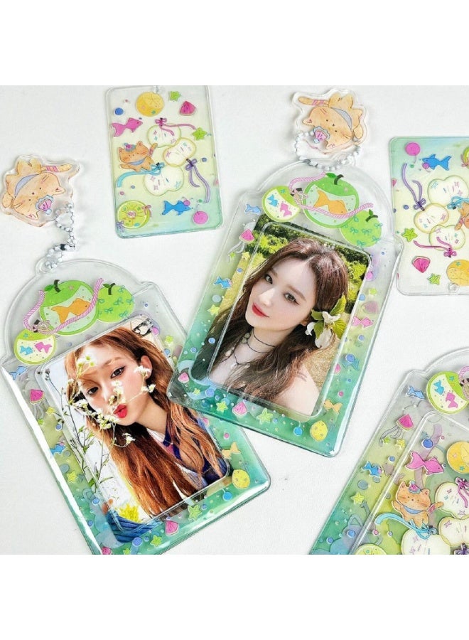 NIBEMINENT 1 - Piece Green Apple Cat Kpop Photo Card Holder Pendant Key Chain ID Badge Holder ID Card Holder Photo Card Protector for School ID Office ID Access Card for Women Girls  - Image 1