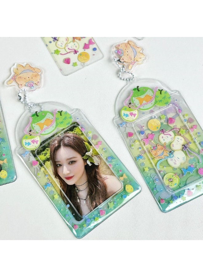 NIBEMINENT 1 - Piece Green Apple Cat Kpop Photo Card Holder Pendant Key Chain ID Badge Holder ID Card Holder Photo Card Protector for School ID Office ID Access Card for Women Girls  - Image 2