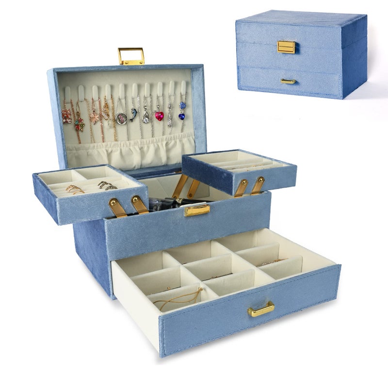 Dajasan Velvet Jewelry Boxes for Women Girls Jewelry Organizer Box Jewelry Storage Organizer for Rings Necklaces Bracelets Watch Earring Blue