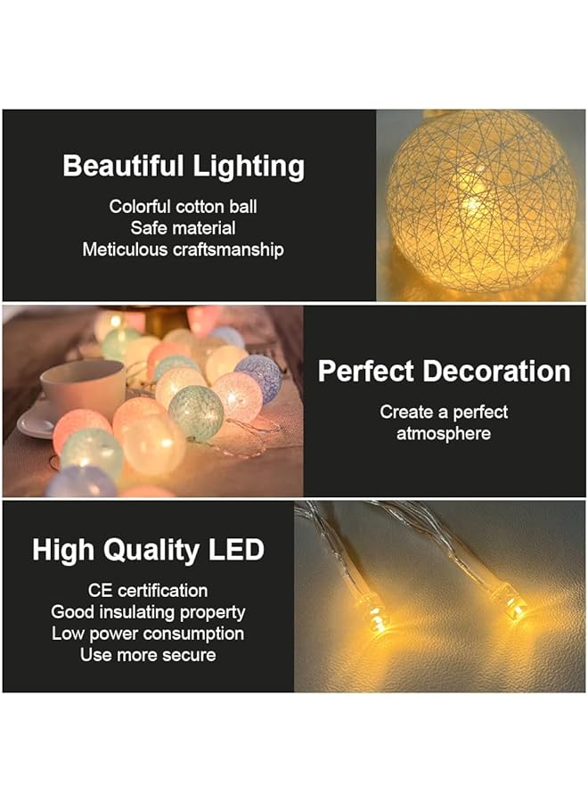 إيروريكس أضواء خرافية من القطن بطول 3.3 متر و10.83 قدم، 20 مصباح LED، سلسلة أضواء LED تعمل بمنفذ USB، أضواء كروية ملونة لغرفة النوم وحفلات الزفاف والمنزل والديكور على طراز الماكارون - Image 2