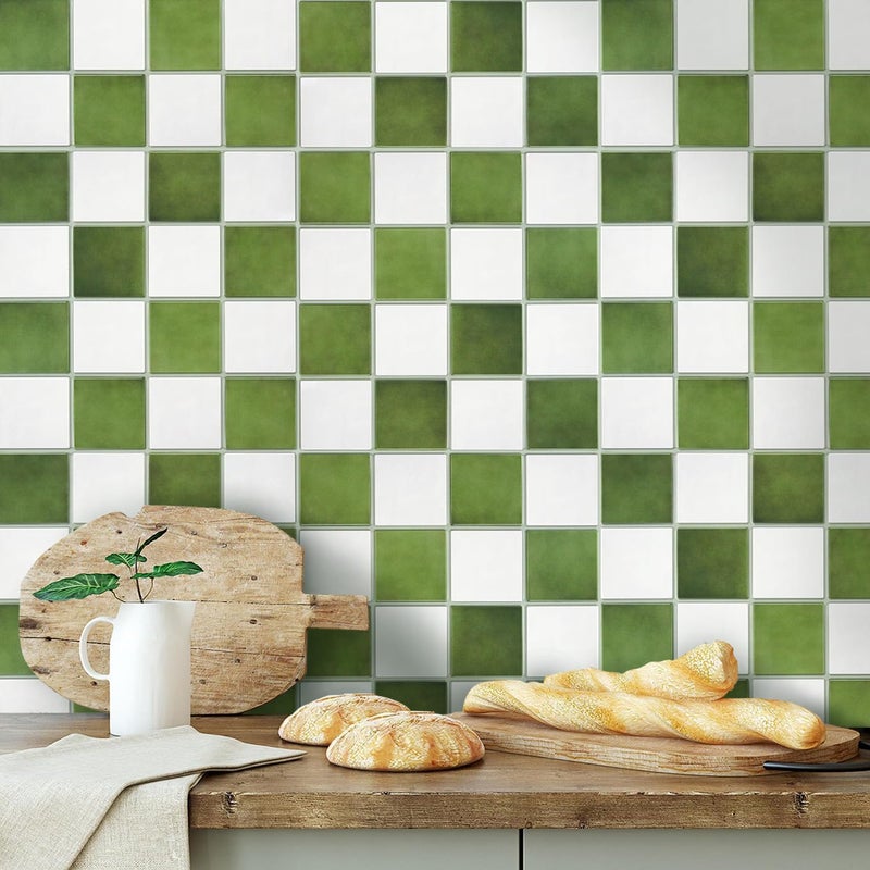 Commomy 10 Pcs Matte 3D Peel and Stick Tile 11.8"x11.8" Ultralight PVC Square Peel and Stick Backsplash for Kitchen Stick on Tiles for Bathroom,Living Room,Fireplace Wall Decor,Green and White - Image 2