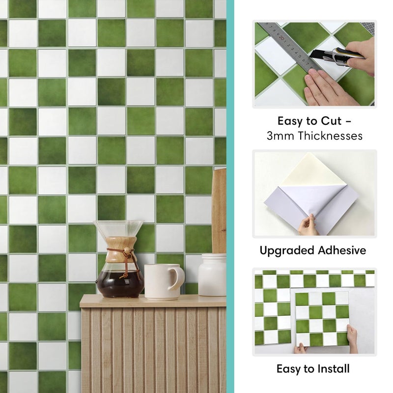 Commomy 10 Pcs Matte 3D Peel and Stick Tile 11.8"x11.8" Ultralight PVC Square Peel and Stick Backsplash for Kitchen Stick on Tiles for Bathroom,Living Room,Fireplace Wall Decor,Green and White - Image 4