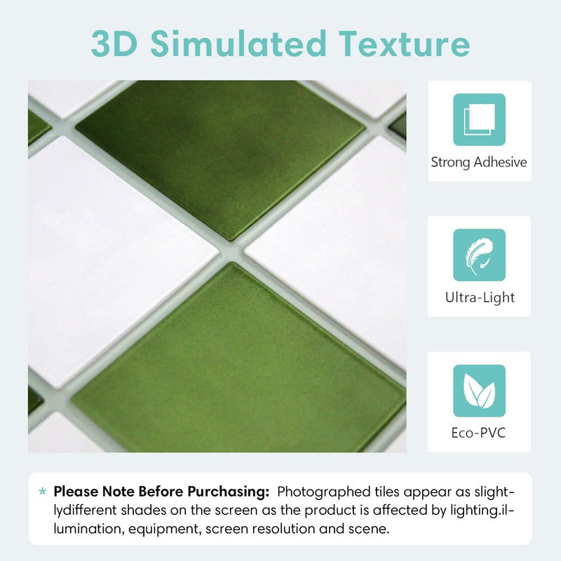 Commomy 10 Pcs Matte 3D Peel and Stick Tile 11.8"x11.8" Ultralight PVC Square Peel and Stick Backsplash for Kitchen Stick on Tiles for Bathroom,Living Room,Fireplace Wall Decor,Green and White - Image 3