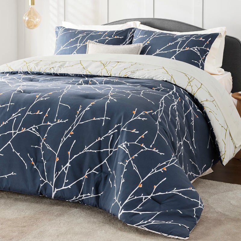 Bedsure Bedsure Queen Comforter Sets  7 Pieces Floral Navy Blue Bed Set Tree Branch Pattern Printed Bed in a Bag Queen with Comforter Sheets Pillowcases  Shams 