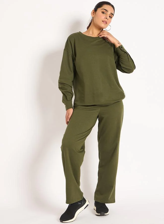 Femmella  Olive Straight Fit Terry Trackpants for Women | Best Price UAE