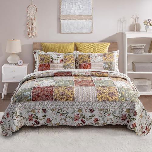 YAYIDAY Bedspread Queen Size Patchwork Quilt Set - 100% Cotton Reversible Breathable Red Multicolor Quilted Quilt with Pillow Shams for All Seasons - Image 1