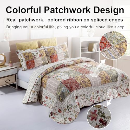YAYIDAY Bedspread Queen Size Patchwork Quilt Set - 100% Cotton Reversible Breathable Red Multicolor Quilted Quilt with Pillow Shams for All Seasons - Image 2
