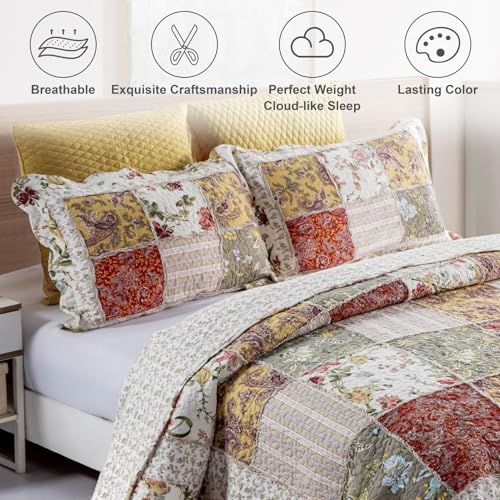 YAYIDAY Bedspread Queen Size Patchwork Quilt Set - 100% Cotton Reversible Breathable Red Multicolor Quilted Quilt with Pillow Shams for All Seasons - Image 3