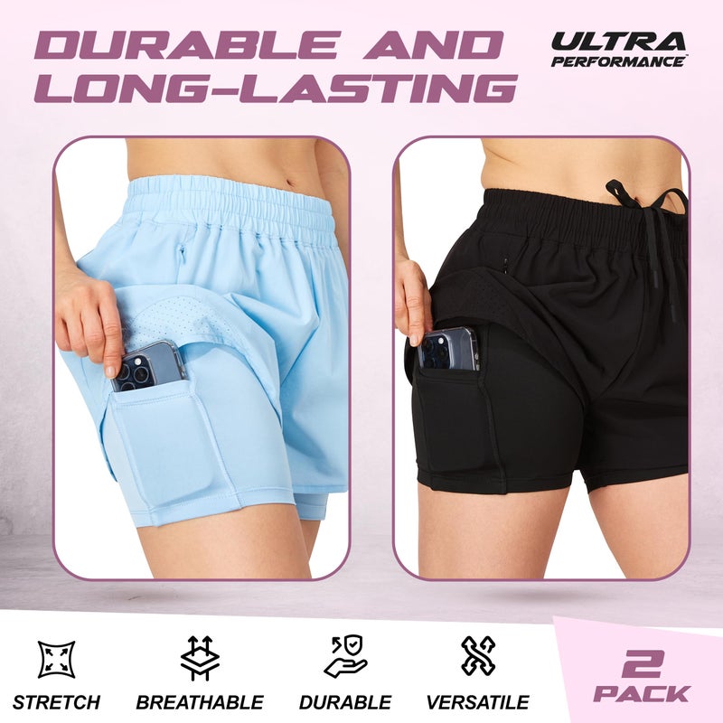 Ultra Performance Womens Running Gym Shorts Women Pack of 2, Nylon Compression Workout Shorts Women with Liner - Image 5