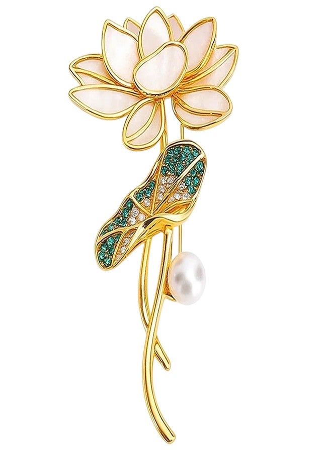 BharatBazaar Brooches for Women, Elegant Lotus Flower Design Brooch Pin, Pearl Brooch Pins for Women, Stylish Accessories for Woman, 6.5 x 3.5 cm Alloy Brooch for Parties and Banquets - Image 1