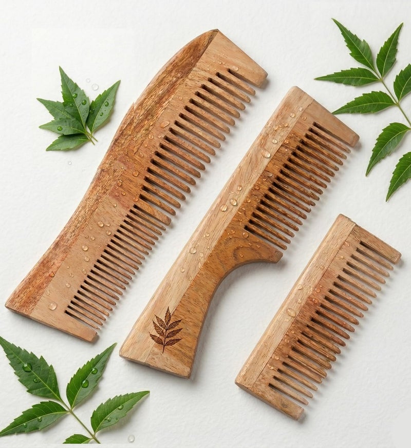 INSIME Neem Wooden Comb Set for Women & Men | Wooden combs combo Hair Comb Set | Kachi neem comb for Women for Hair Growth | Dandruff remover comb Neem Wood Kangi for Hair (Pack of 3) - Image 1