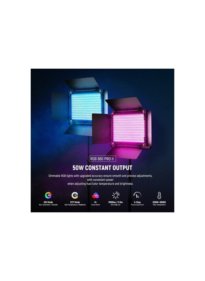 Neewer - NEEWER Upgraded 660 PRO II RGB LED Video Light with App Control&Stand Kit, 2 Pack Constant 50W No Color Shift/1% Precise Min Dimming/360° RGB/CRI97+/3200K~5600K for Game Streaming YouTube Photography - Image 1