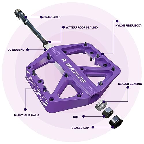 BUCKLOS Mountain Bike Pedals MTB Pedals Flat, Bicycle Road Bike Adult Large Platform Pedal with Non-Slip Grips for Gravel/Ebike/Hybrid Bikes/Beach Cruiser(9/16 Nylon Purple) - Image 2