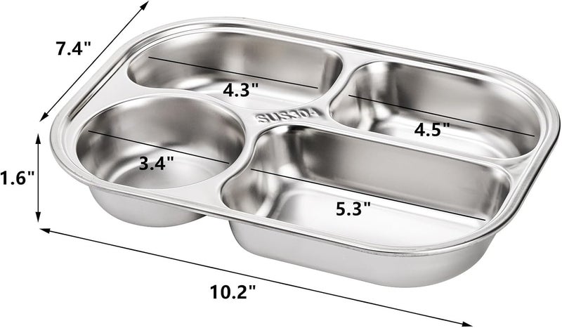 DEAYOU 4 Pack 18/10 Stainless Steel Divided Plate, Small Child Plate with 4-Compartment, Portion Control Serving Platter, Mess Food Sectioned Tray for Dinner, Lunch, Cafeteria, Kids, Adult - Image 2