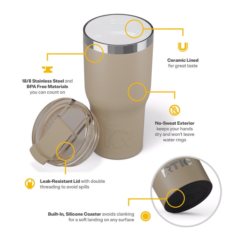 RTIC 20oz Essential Tumbler with Lid, Ceramic Lined, Insulated, Stainless Steel, Metal, Double Wall Vacuum-Insulation, Travel Cup for Iced Coffee, Tea, Hot and Cold Drink, Beach - Image 4
